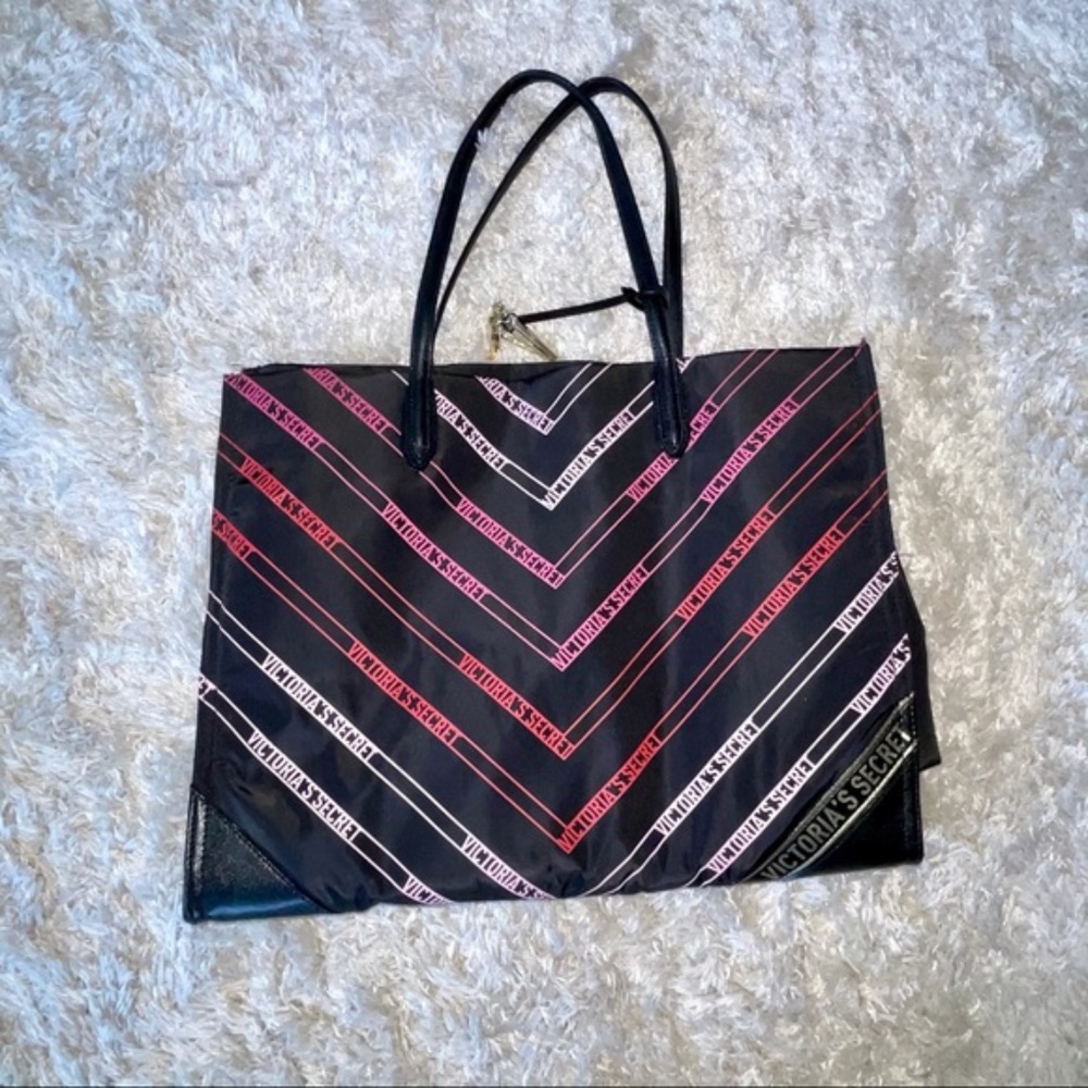 Victorias secret striped black and pink tote